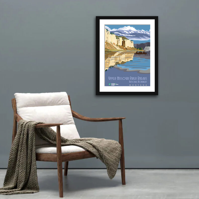 Vintage Upper Missouri River Breaks National Monument poster with warm earth tones reflecting Montana's natural beauty