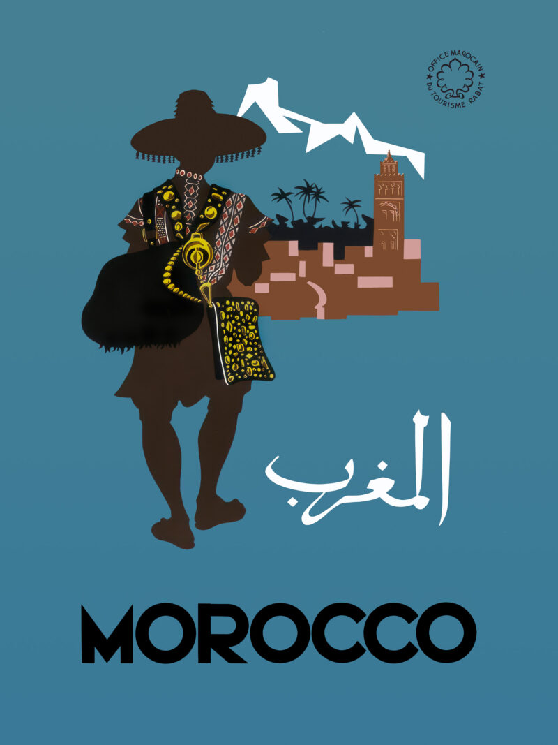 1950s Morocco travel poster by Claude Février featuring a native and town silhouette.
