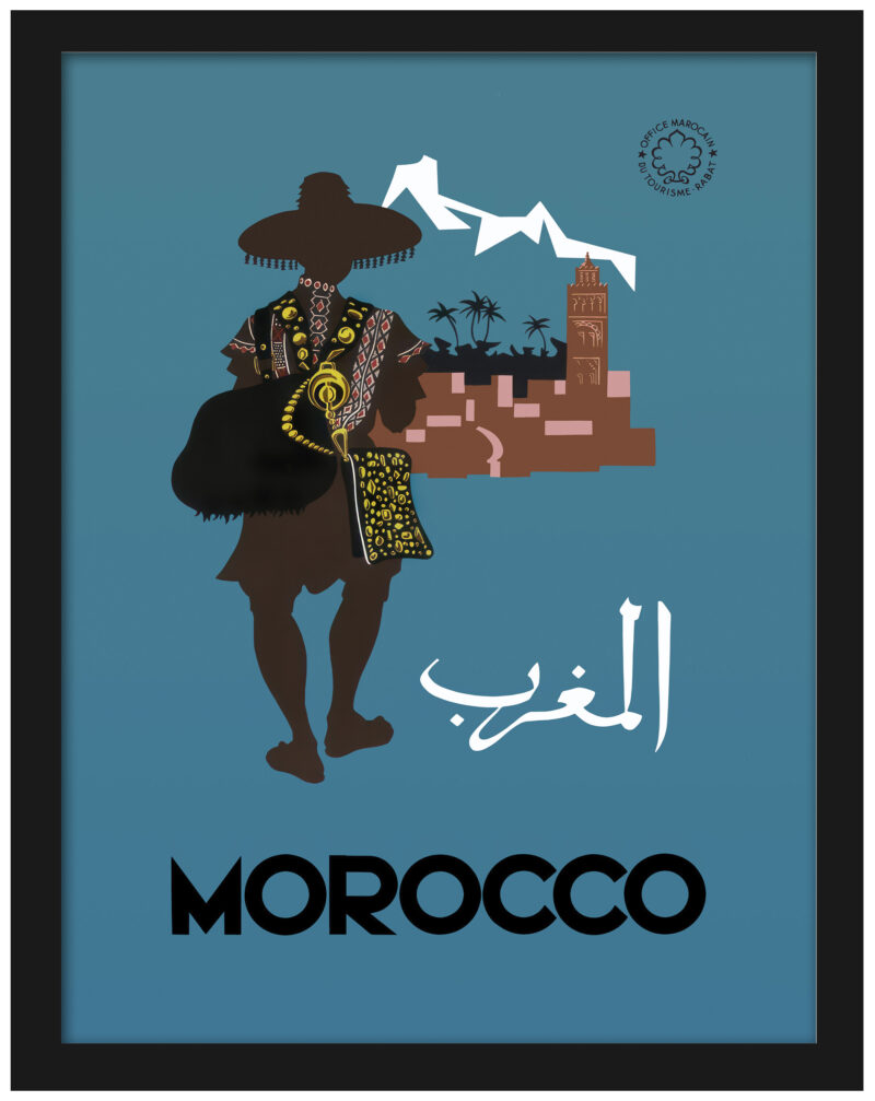 1950s Morocco travel poster by Claude Février featuring a native and town silhouette.