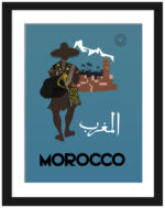 1950s Morocco travel poster by Claude Février featuring a native and town silhouette.