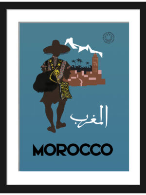 1950s Morocco travel poster by Claude Février featuring a native and town silhouette.