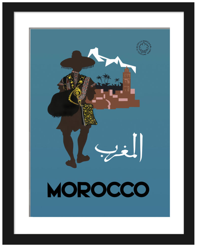 1950s Morocco travel poster by Claude Février featuring a native and town silhouette.