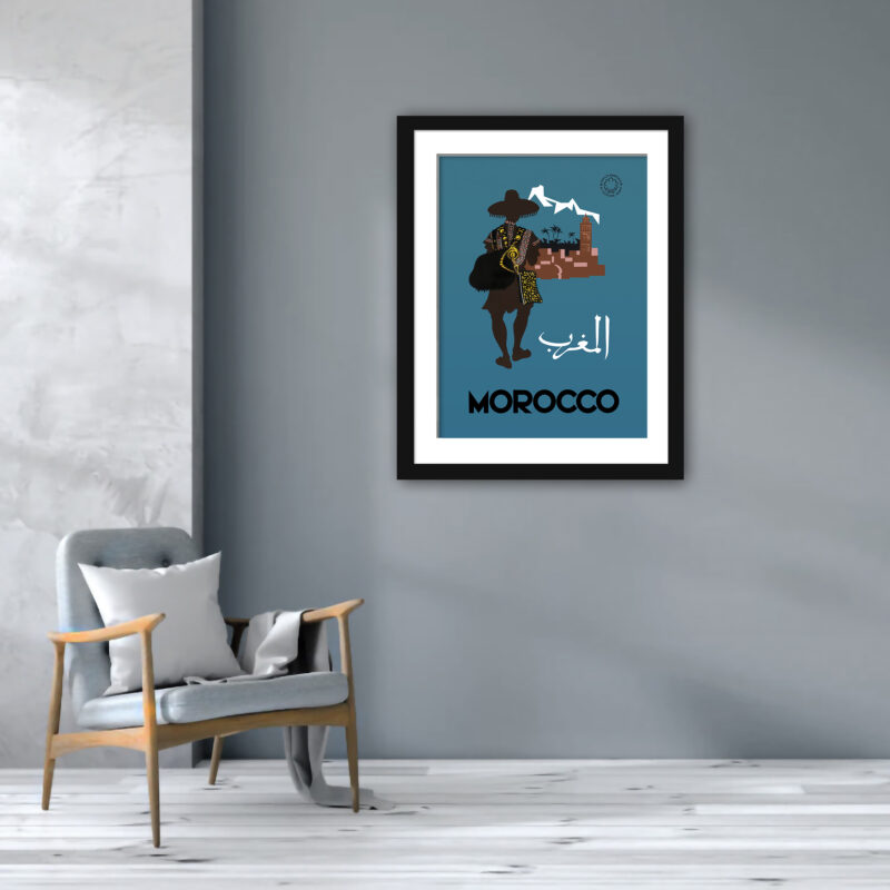 1950s Morocco travel poster by Claude Février featuring a native and town silhouette.