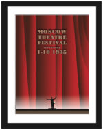 Reproduction of 1935 Moscow Theatre Festival poster with dramatic red curtains.