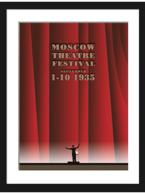 Reproduction of 1935 Moscow Theatre Festival poster with dramatic red curtains.