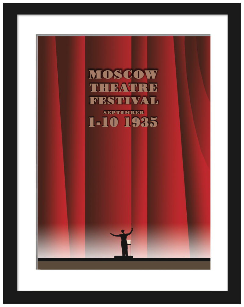 Reproduction of 1935 Moscow Theatre Festival poster with dramatic red curtains.