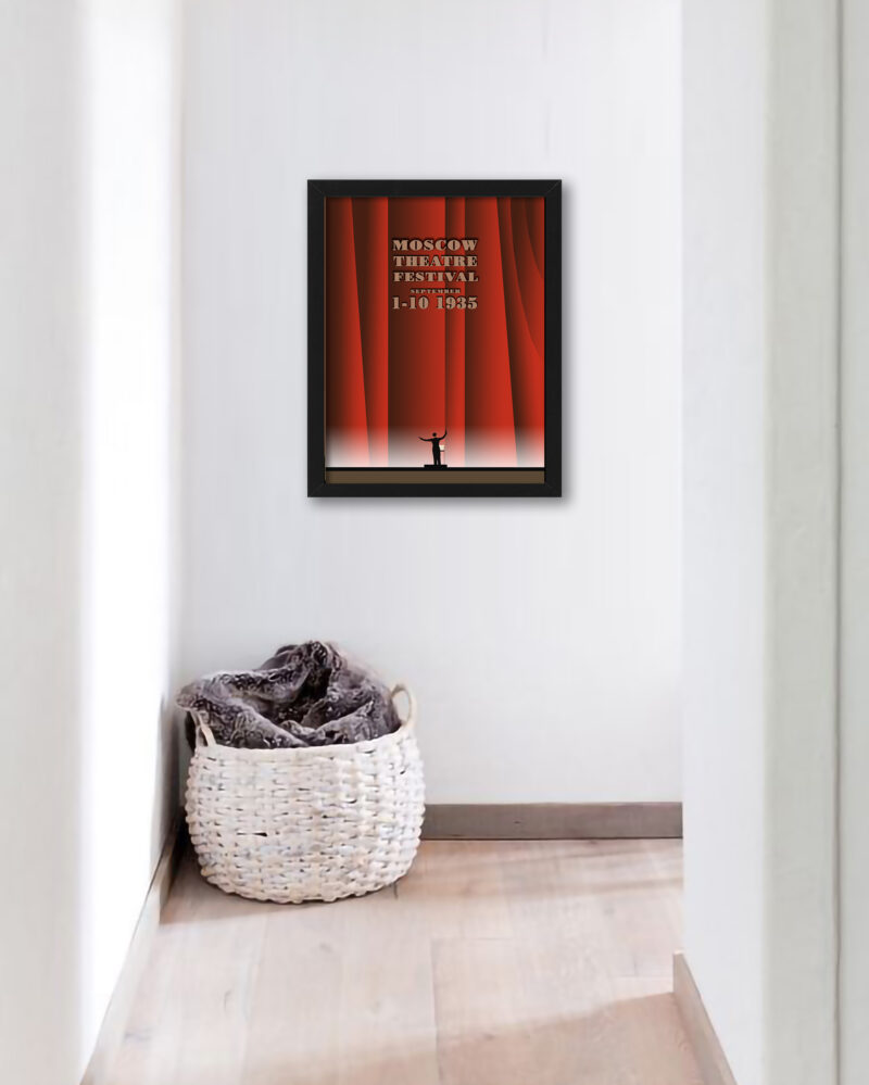 Reproduction of 1935 Moscow Theatre Festival poster with dramatic red curtains.
