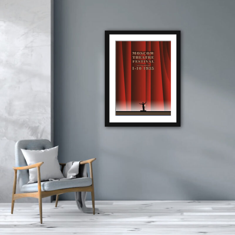 Reproduction of 1935 Moscow Theatre Festival poster with dramatic red curtains.