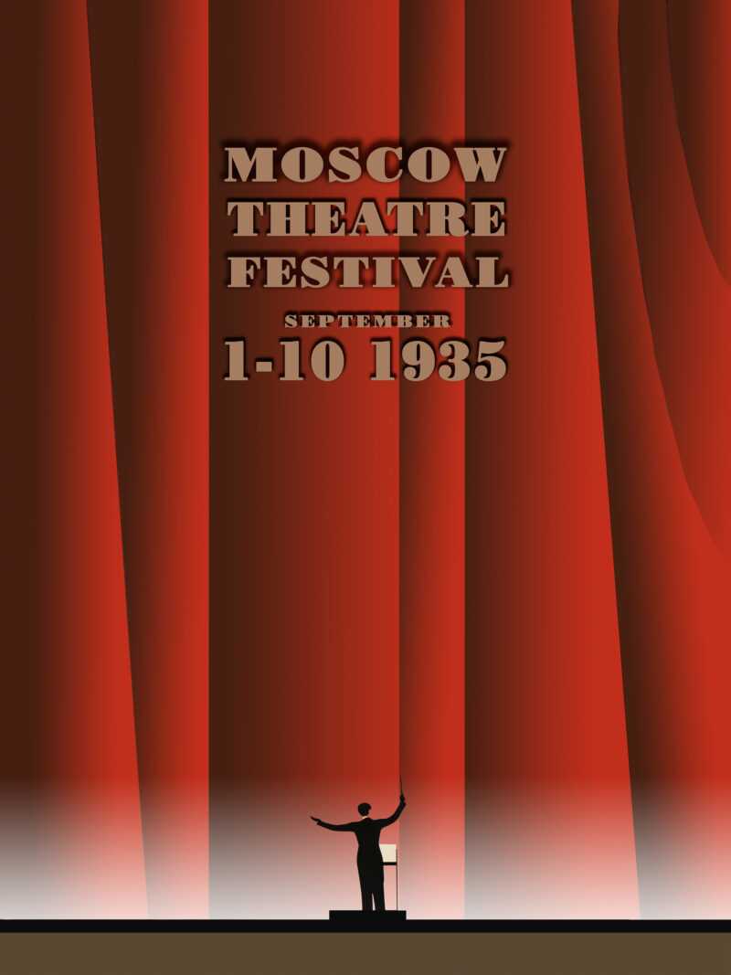 Reproduction of 1935 Moscow Theatre Festival poster with dramatic red curtains.
