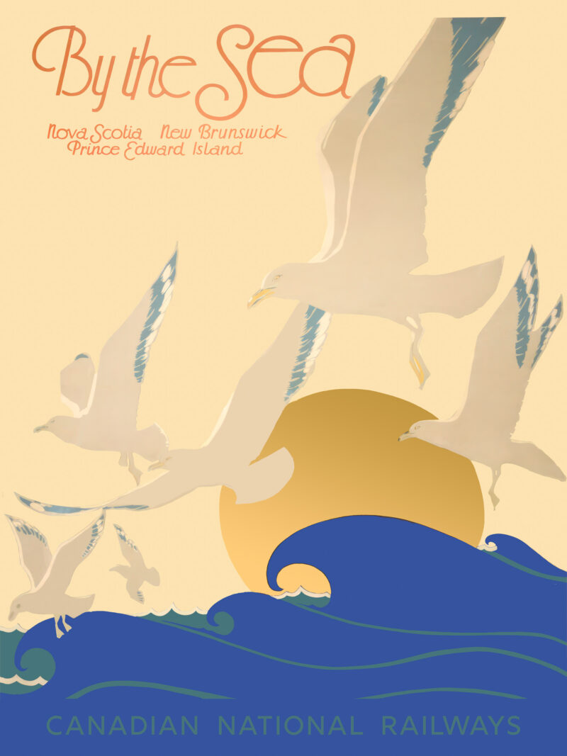 By the Sea' Canadian travel poster with seagulls and sunrise