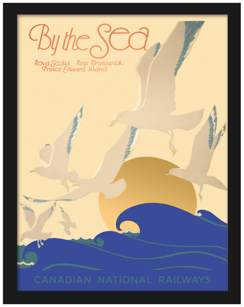 By the Sea' Canadian travel poster with seagulls and sunrise
