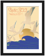 By the Sea' Canadian travel poster with seagulls and sunrise