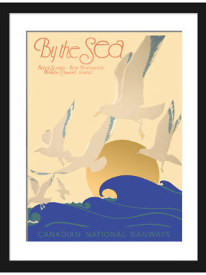 By the Sea' Canadian travel poster with seagulls and sunrise