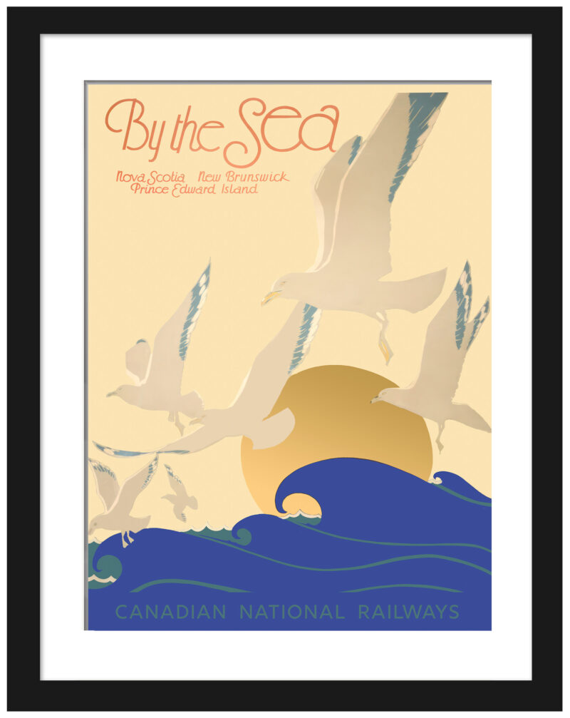 By the Sea' Canadian travel poster with seagulls and sunrise