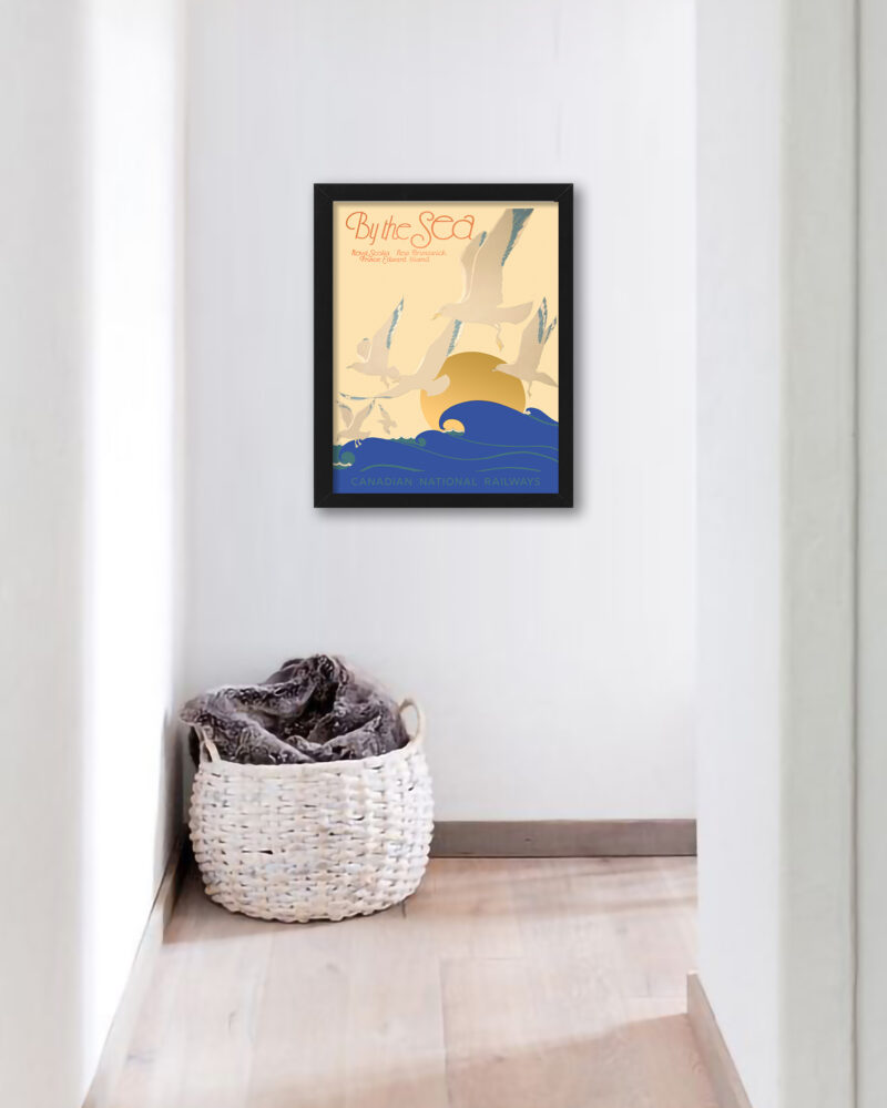 By the Sea' Canadian travel poster with seagulls and sunrise