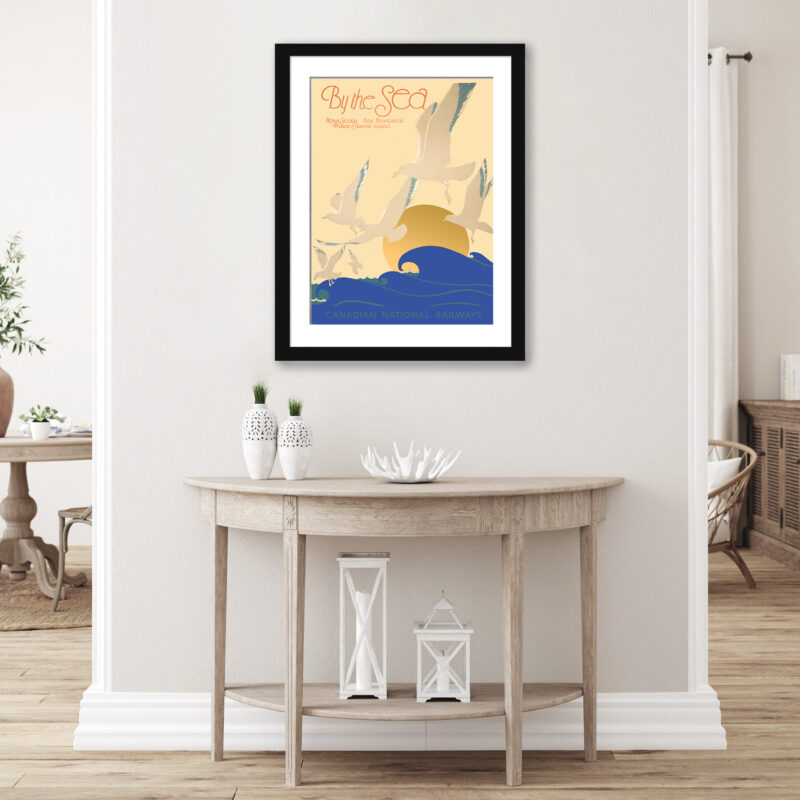 By the Sea' Canadian travel poster with seagulls and sunrise