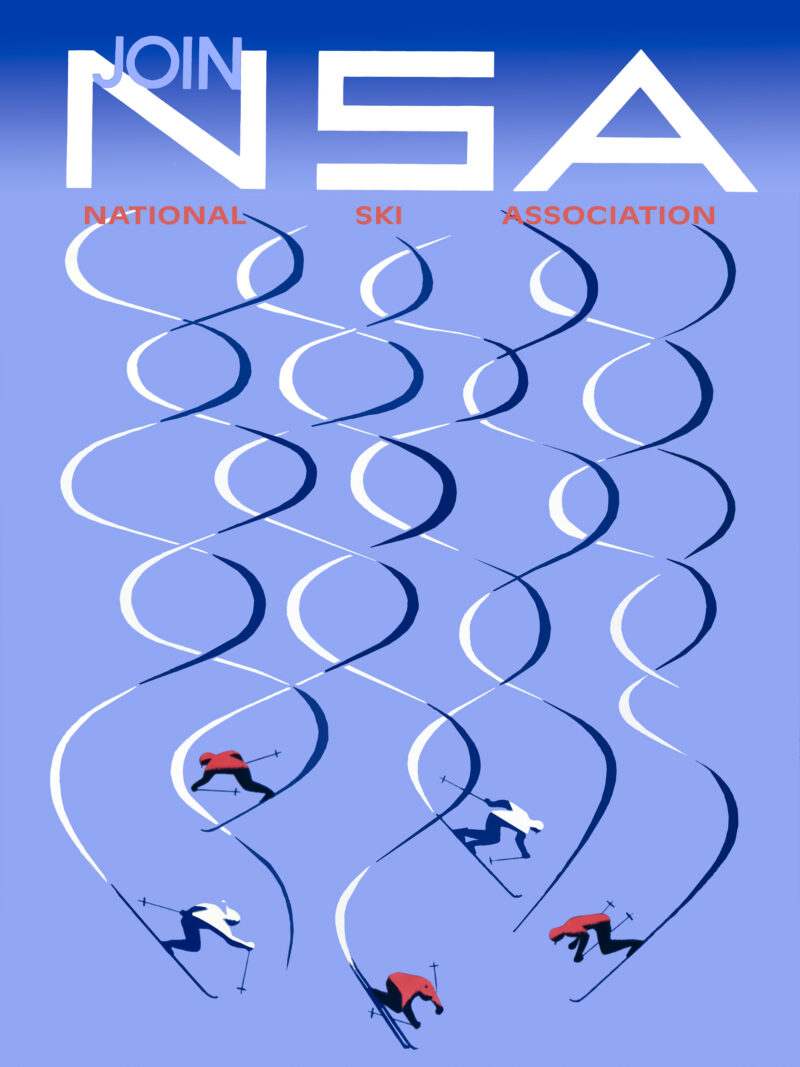 1957 art deco ski poster reproduction with geometric patterns.