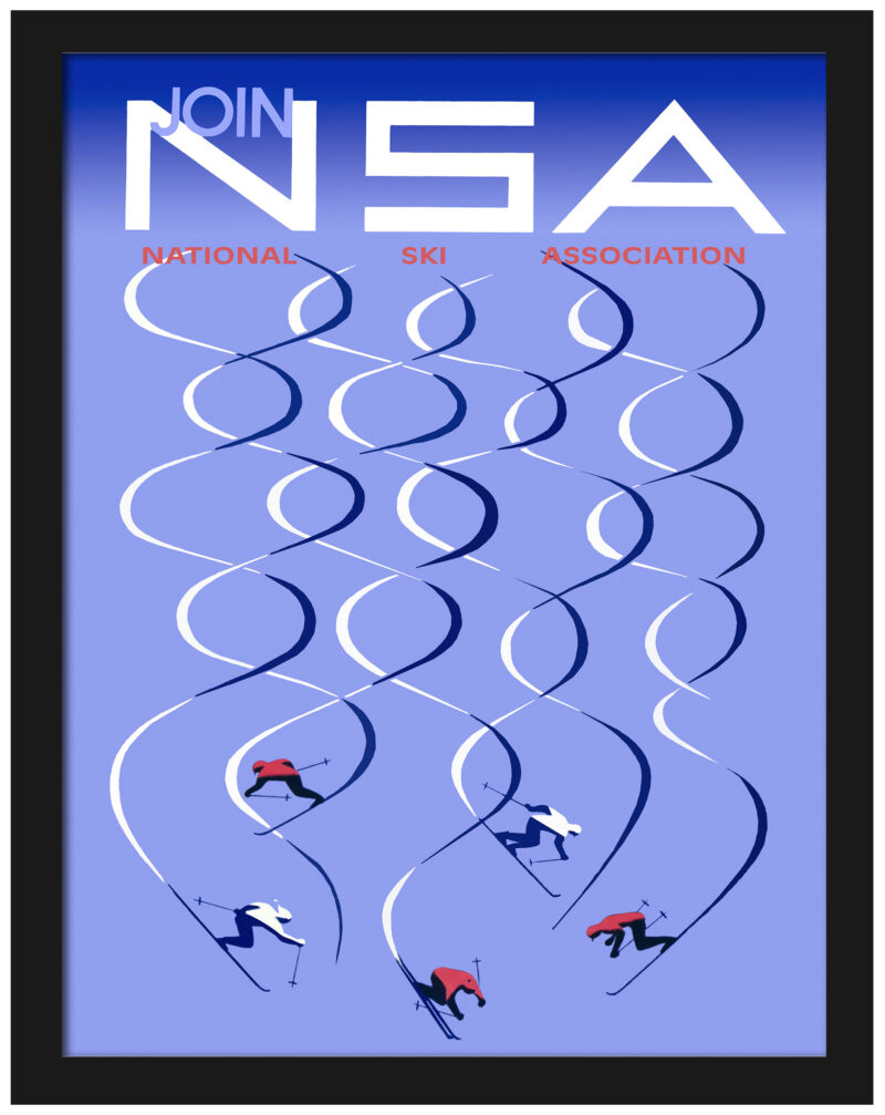 1957 art deco ski poster reproduction with geometric patterns.