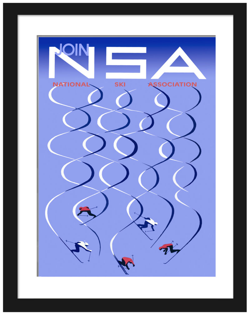 1957 art deco ski poster reproduction with geometric patterns.