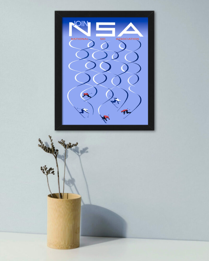 1957 art deco ski poster reproduction with geometric patterns.