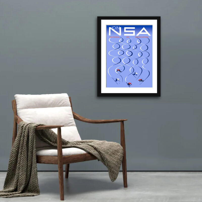 1957 art deco ski poster reproduction with geometric patterns.