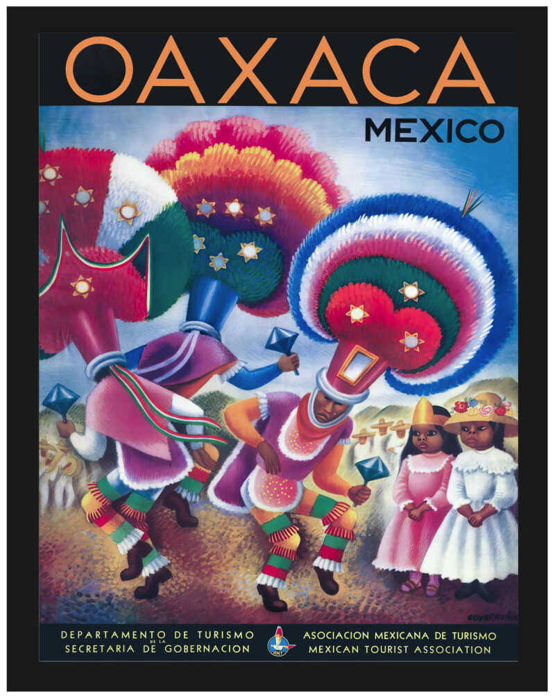 Vintage Oaxaca Mexico poster featuring traditional dancers by Miguel Covarrubias