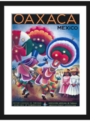 Vintage Oaxaca Mexico poster featuring traditional dancers by Miguel Covarrubias