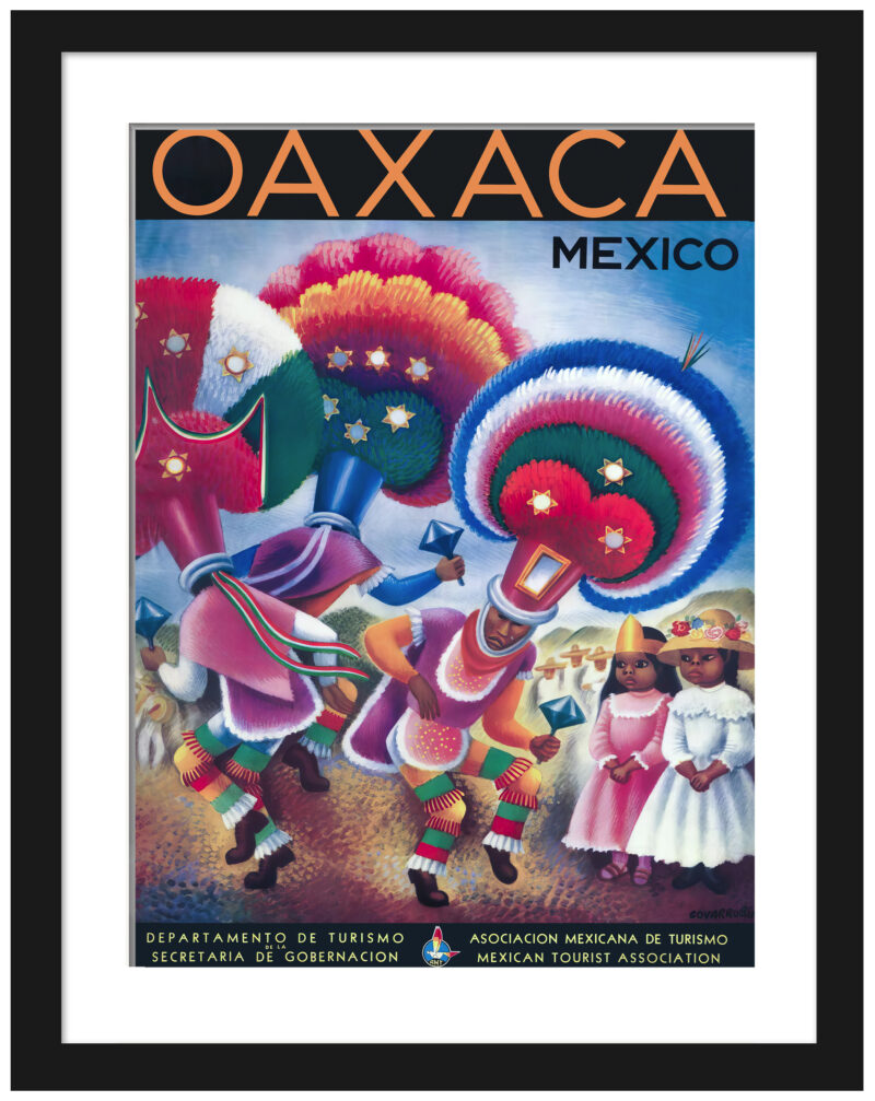Vintage Oaxaca Mexico poster featuring traditional dancers by Miguel Covarrubias