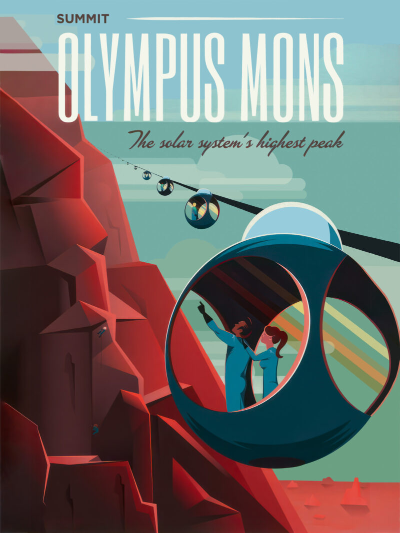 SpaceX Mars Olympus Mons travel poster with futuristic gondola