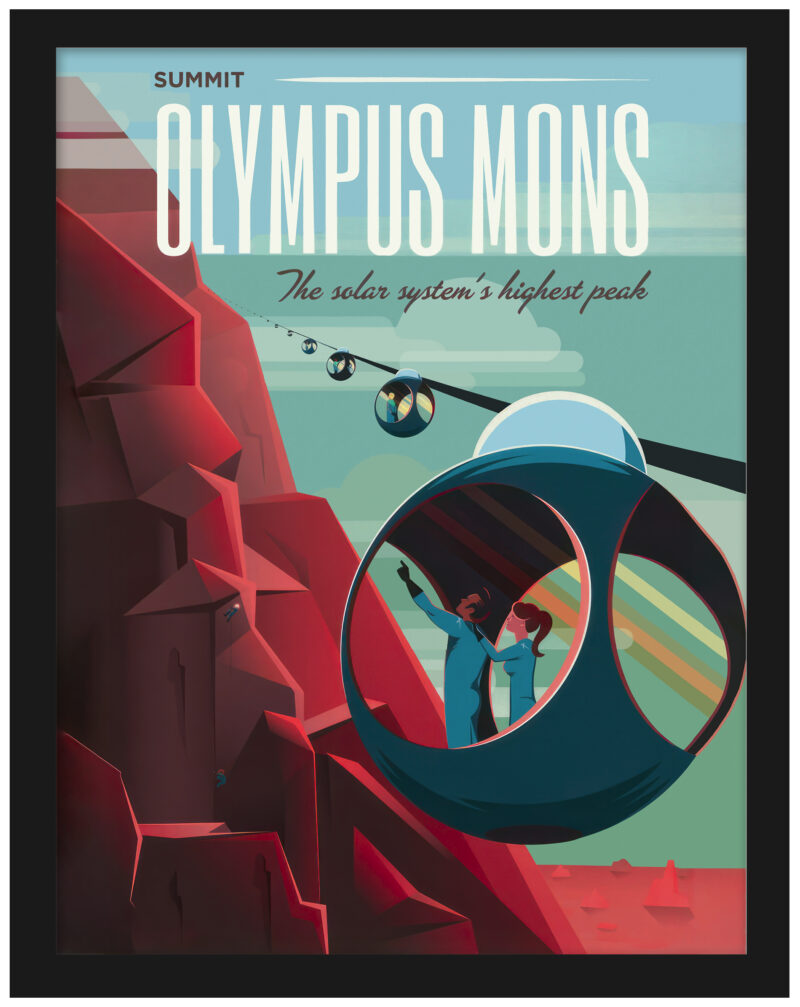 SpaceX Mars Olympus Mons travel poster with futuristic gondola