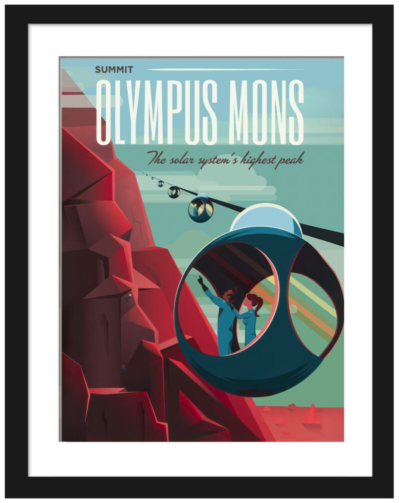 SpaceX Mars Olympus Mons travel poster with futuristic gondola