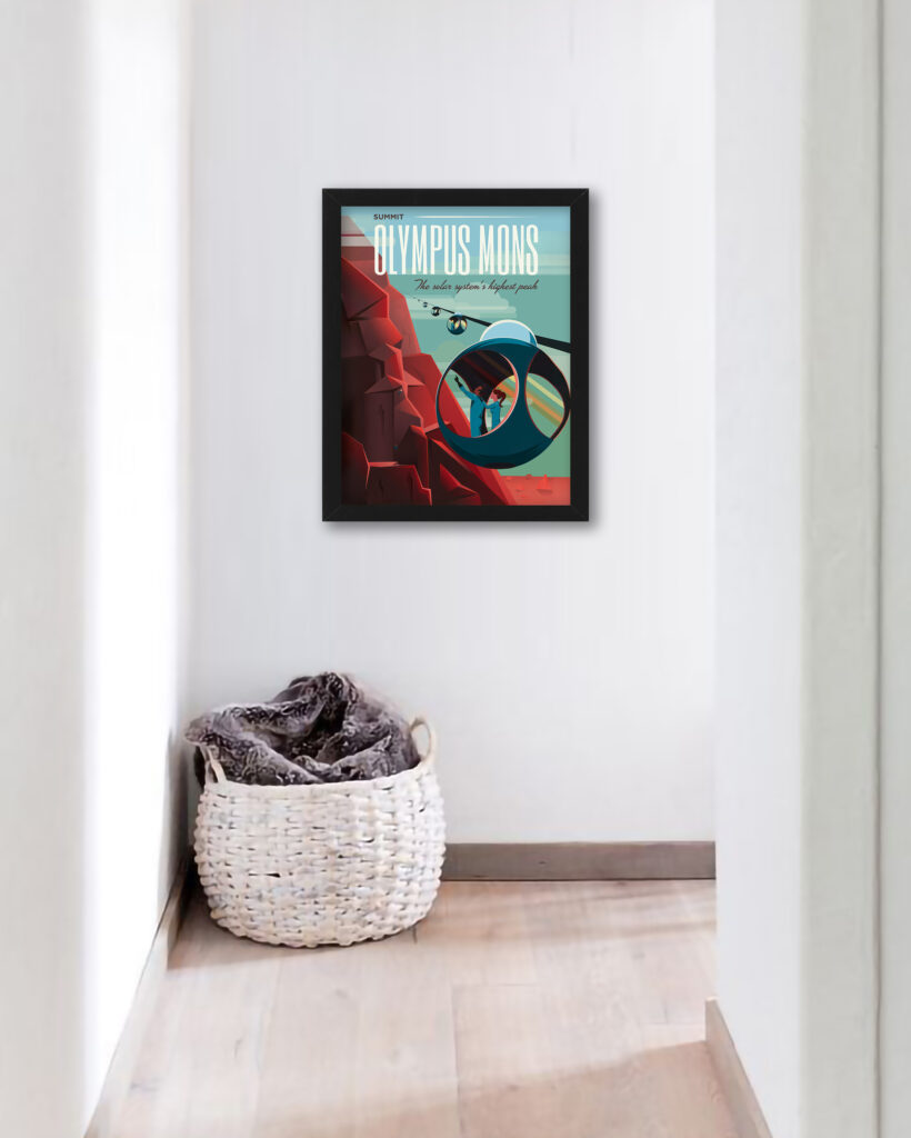 SpaceX Mars Olympus Mons travel poster with futuristic gondola