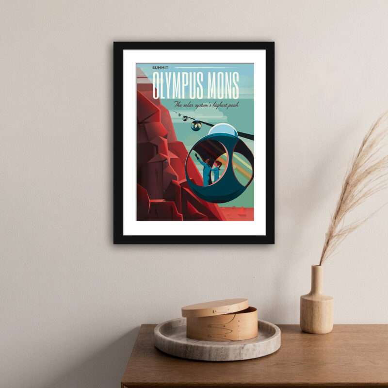 SpaceX Mars Olympus Mons travel poster with futuristic gondola