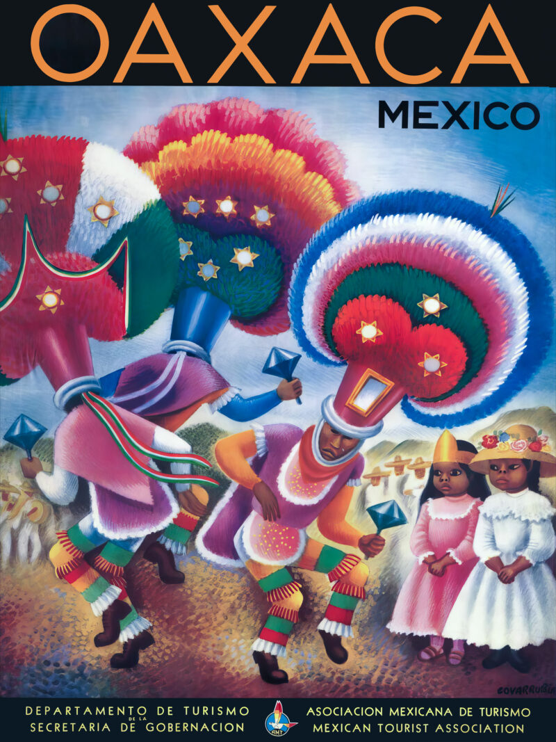 Vintage Oaxaca Mexico poster featuring traditional dancers by Miguel Covarrubias