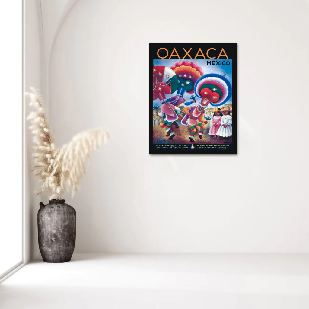 Vintage Oaxaca Mexico poster featuring traditional dancers by Miguel Covarrubias