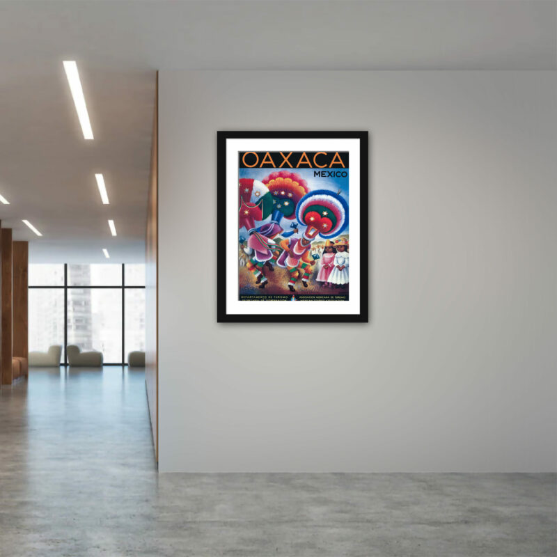 Vintage Oaxaca Mexico poster featuring traditional dancers by Miguel Covarrubias