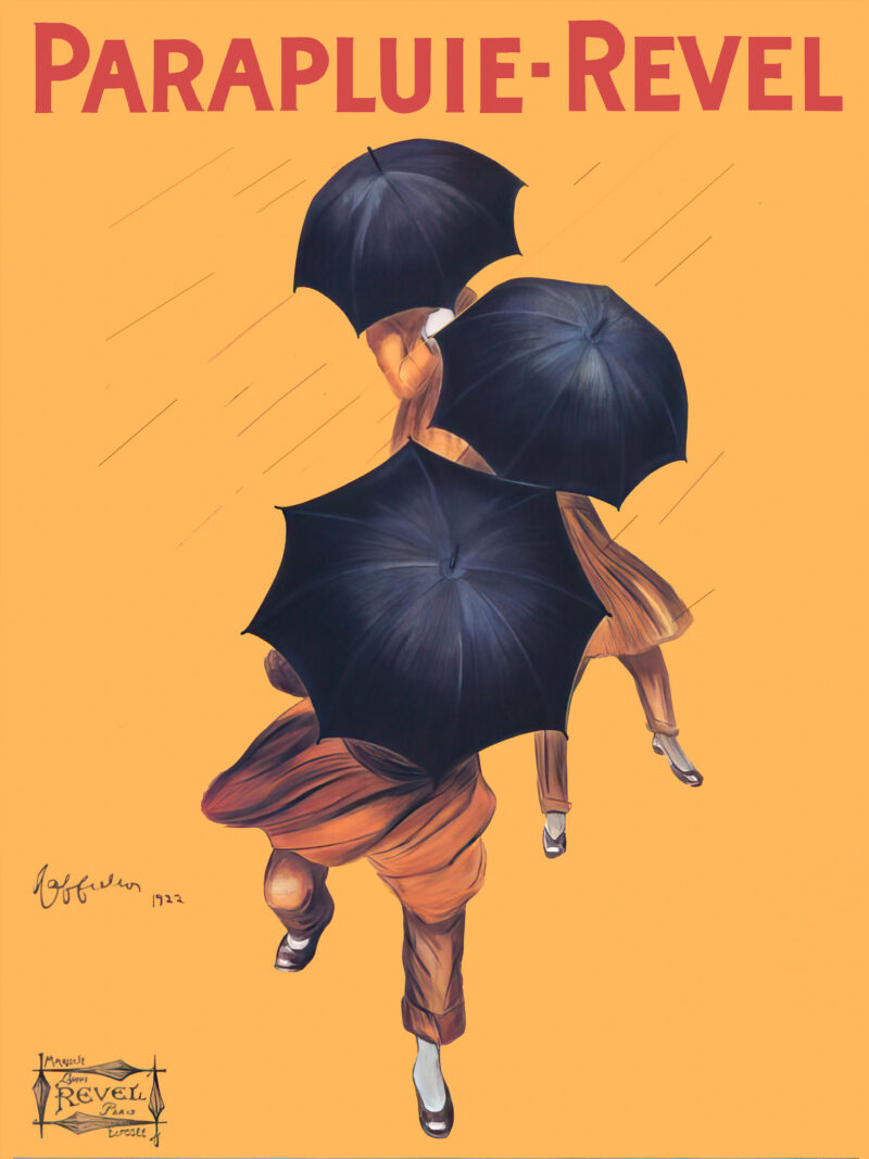 1922 Parapluie-Revel advertisement print with elegant figures and umbrellas.