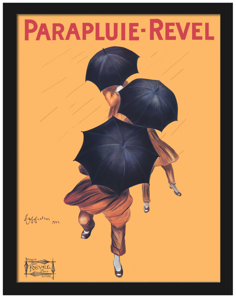 1922 Parapluie-Revel advertisement print with elegant figures and umbrellas.