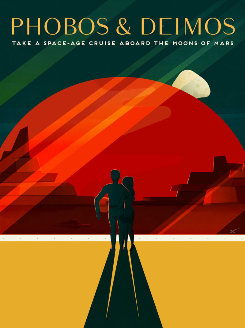 SpaceX travel poster featuring a couple gazing at Mars’ moons Phobos and Deimos