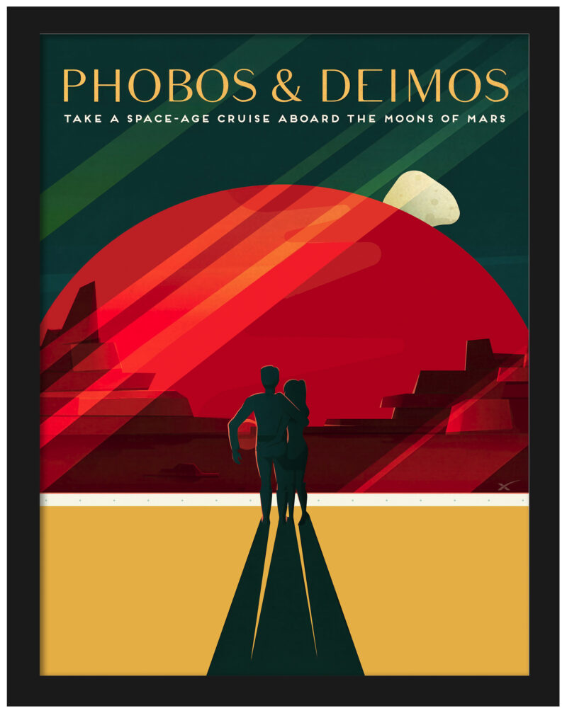 SpaceX travel poster featuring a couple gazing at Mars’ moons Phobos and Deimos
