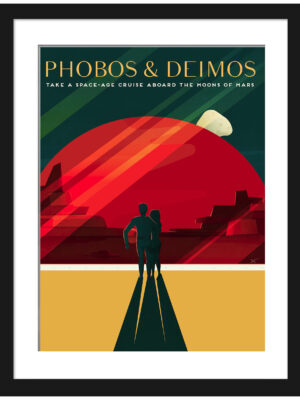 SpaceX travel poster featuring a couple gazing at Mars’ moons Phobos and Deimos