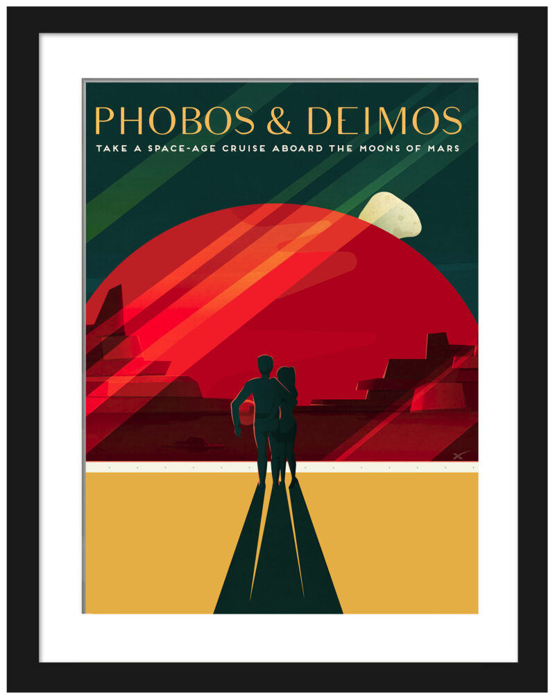 SpaceX travel poster featuring a couple gazing at Mars’ moons Phobos and Deimos