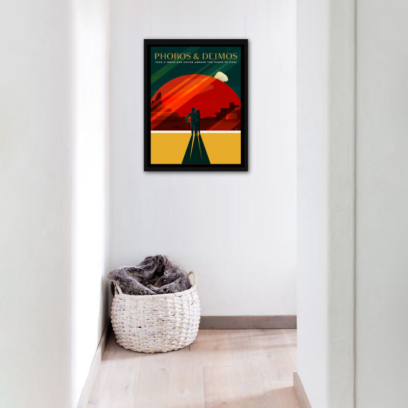 SpaceX travel poster featuring a couple gazing at Mars’ moons Phobos and Deimos