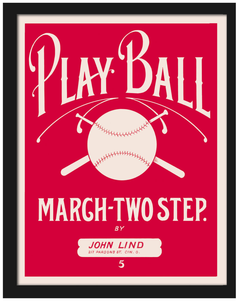Reproduction of John Lind's "Play Ball March-Two Step" baseball sheet music cover.