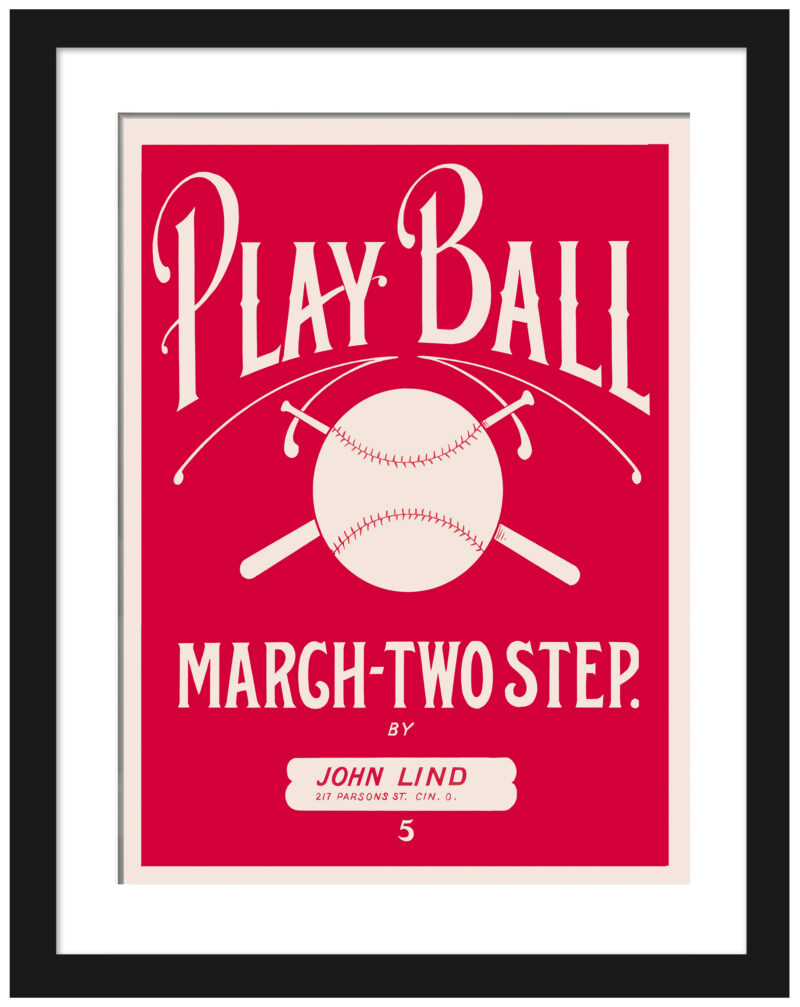 Reproduction of John Lind's "Play Ball March-Two Step" baseball sheet music cover.