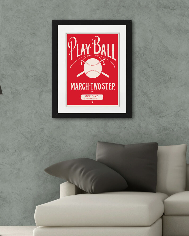 Reproduction of John Lind's "Play Ball March-Two Step" baseball sheet music cover.