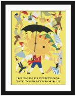 1950s Portugal travel poster with vibrant colors and sunshine motif