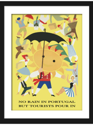 1950s Portugal travel poster with vibrant colors and sunshine motif
