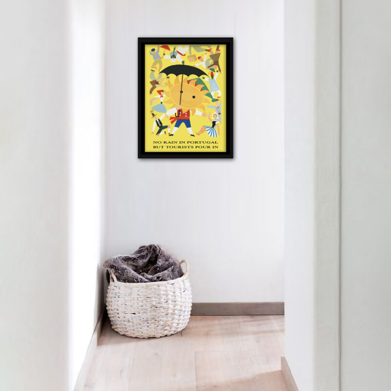 1950s Portugal travel poster with vibrant colors and sunshine motif