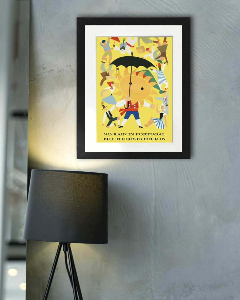 1950s Portugal travel poster with vibrant colors and sunshine motif
